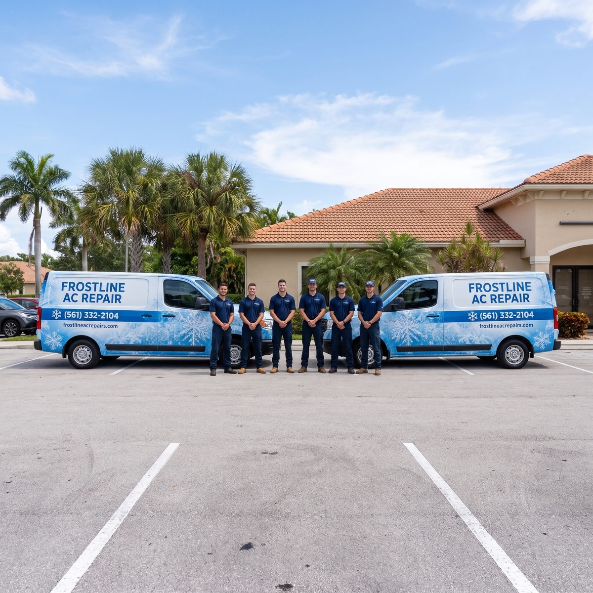 The Frostline AC Repair team with their service vans in Palm Beach County, FL