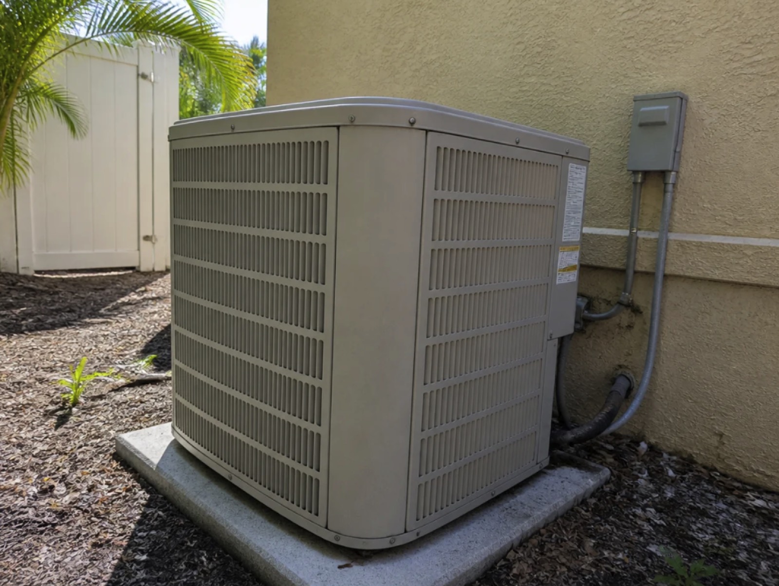 An older outdoor AC condenser nearing the end of its service life
