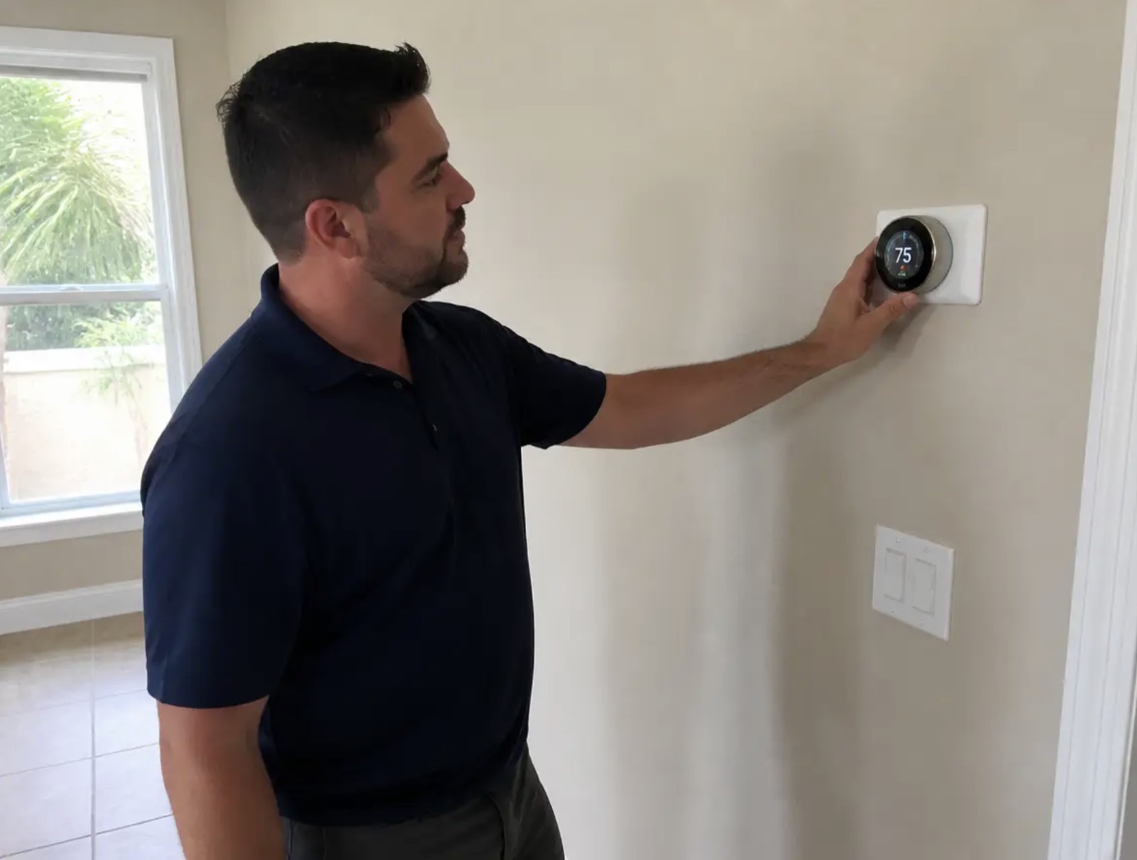 Homeowner at the thermostat as an inefficient AC drives up energy bills