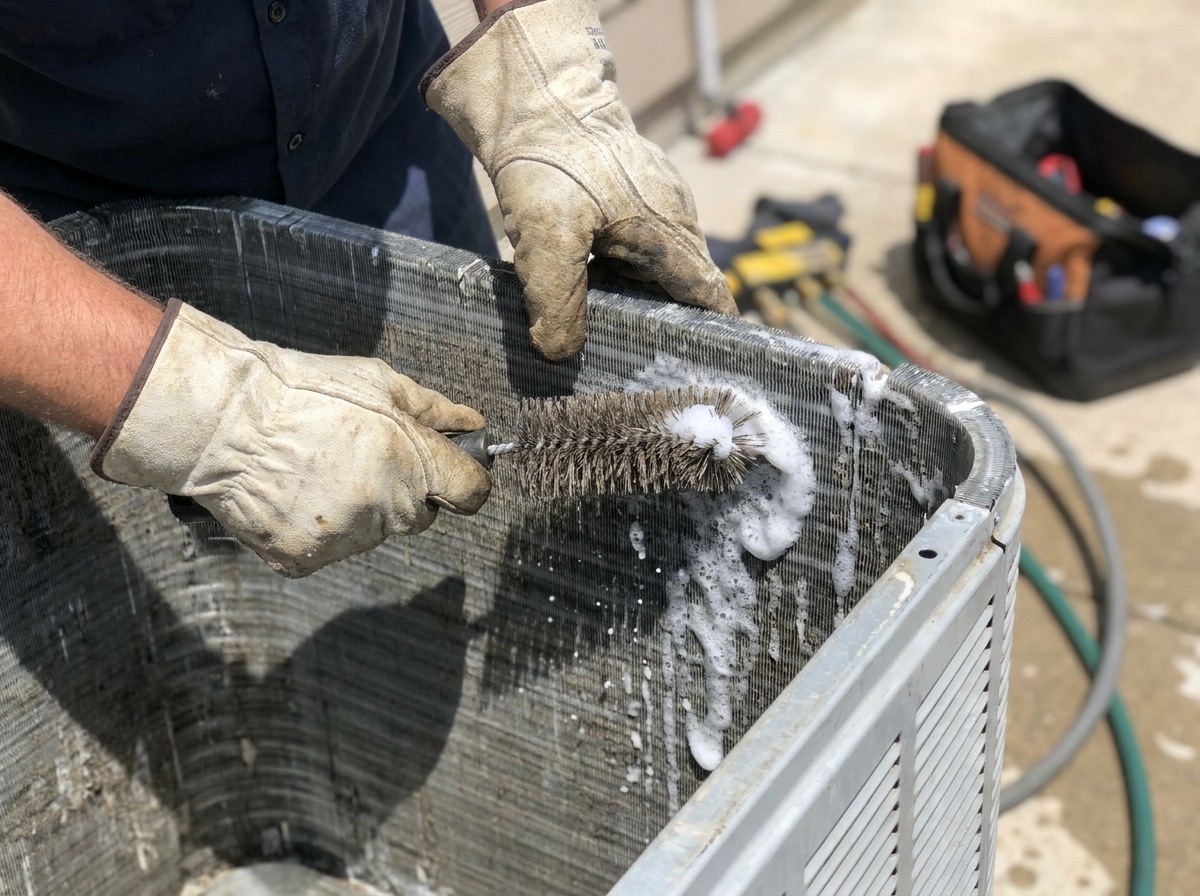 Frostline technician cleaning AC condenser coils during a tune-up