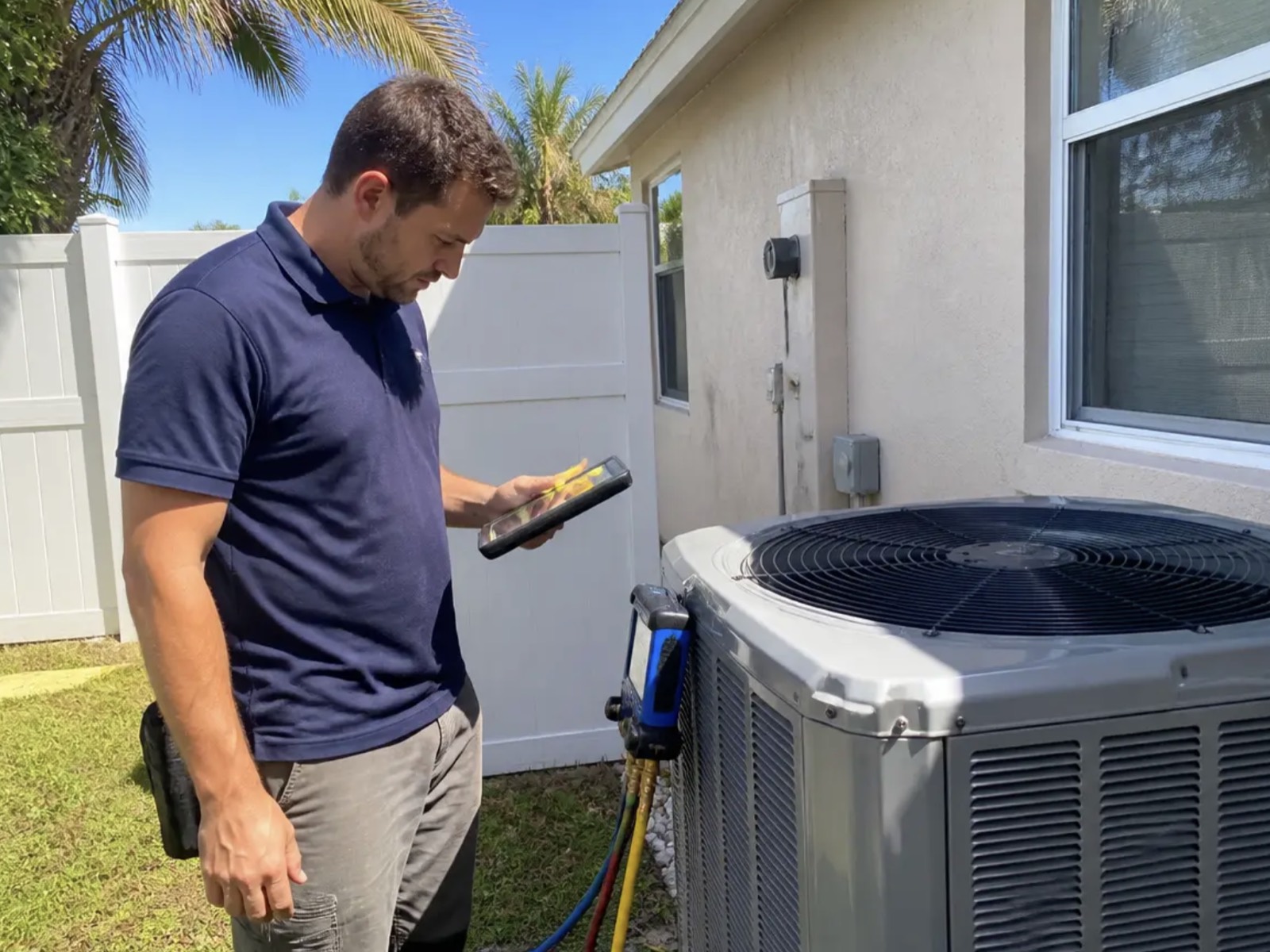 Frostline technician diagnosing an AC condenser in Delray Beach, FL