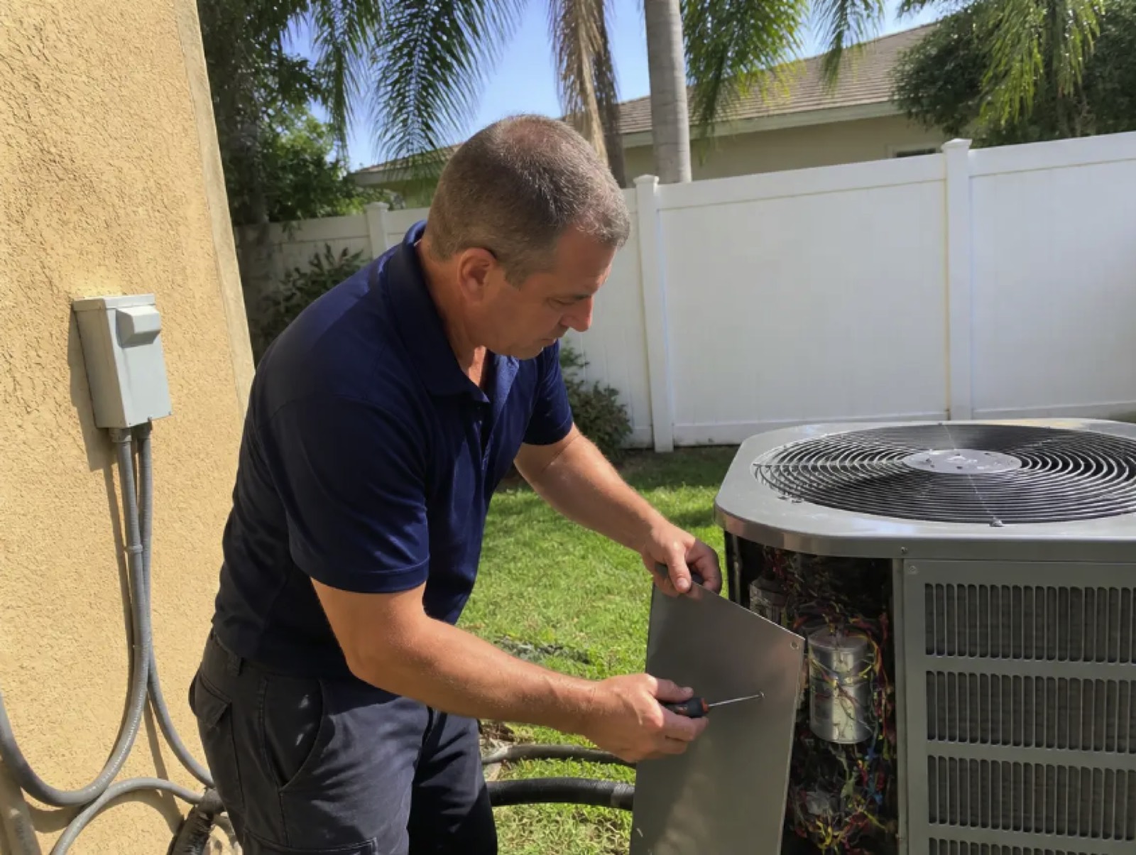 Frostline technician inspecting an AC system for duct odors