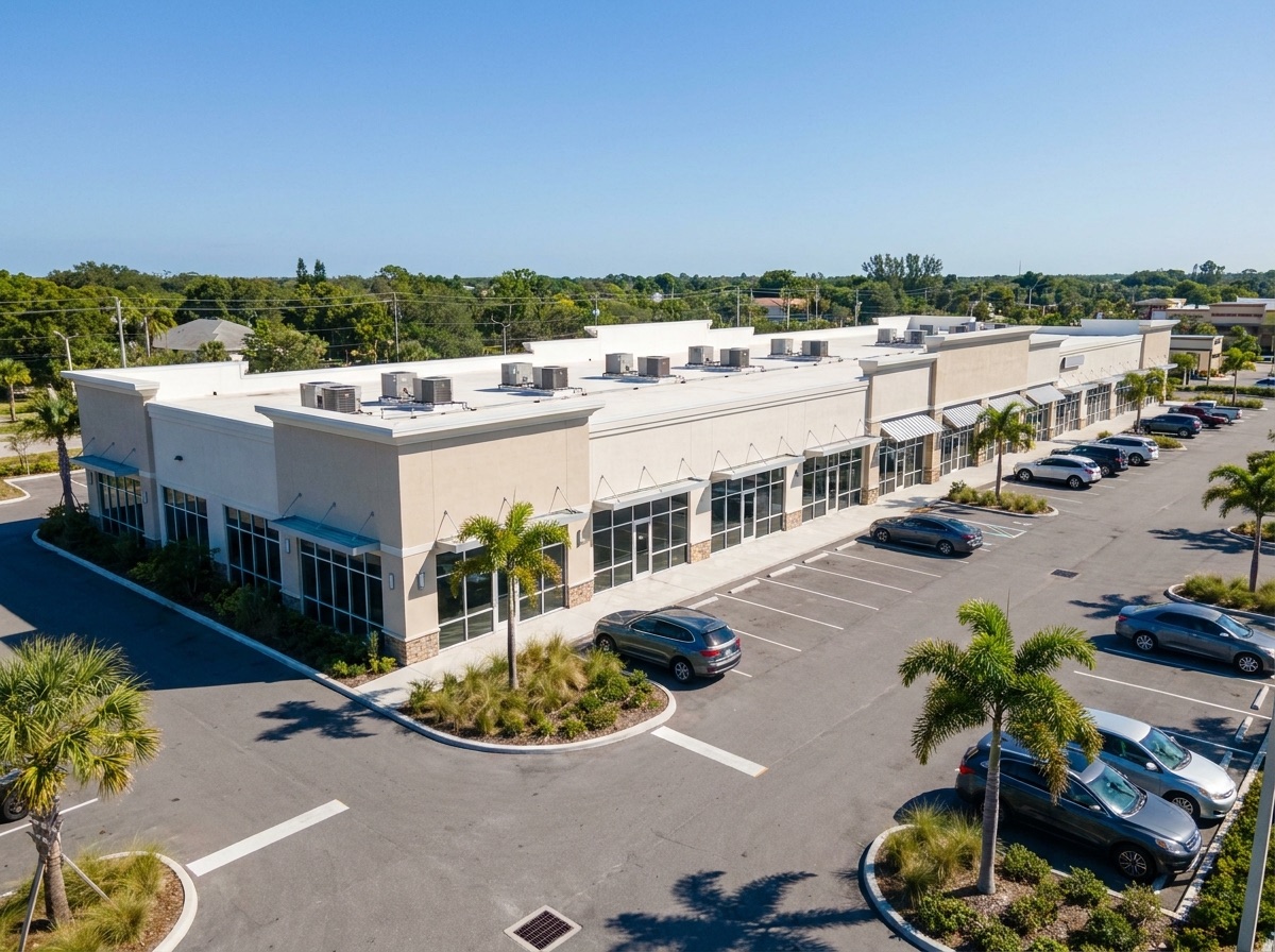 Multi-tenant commercial plaza with rooftop AC units