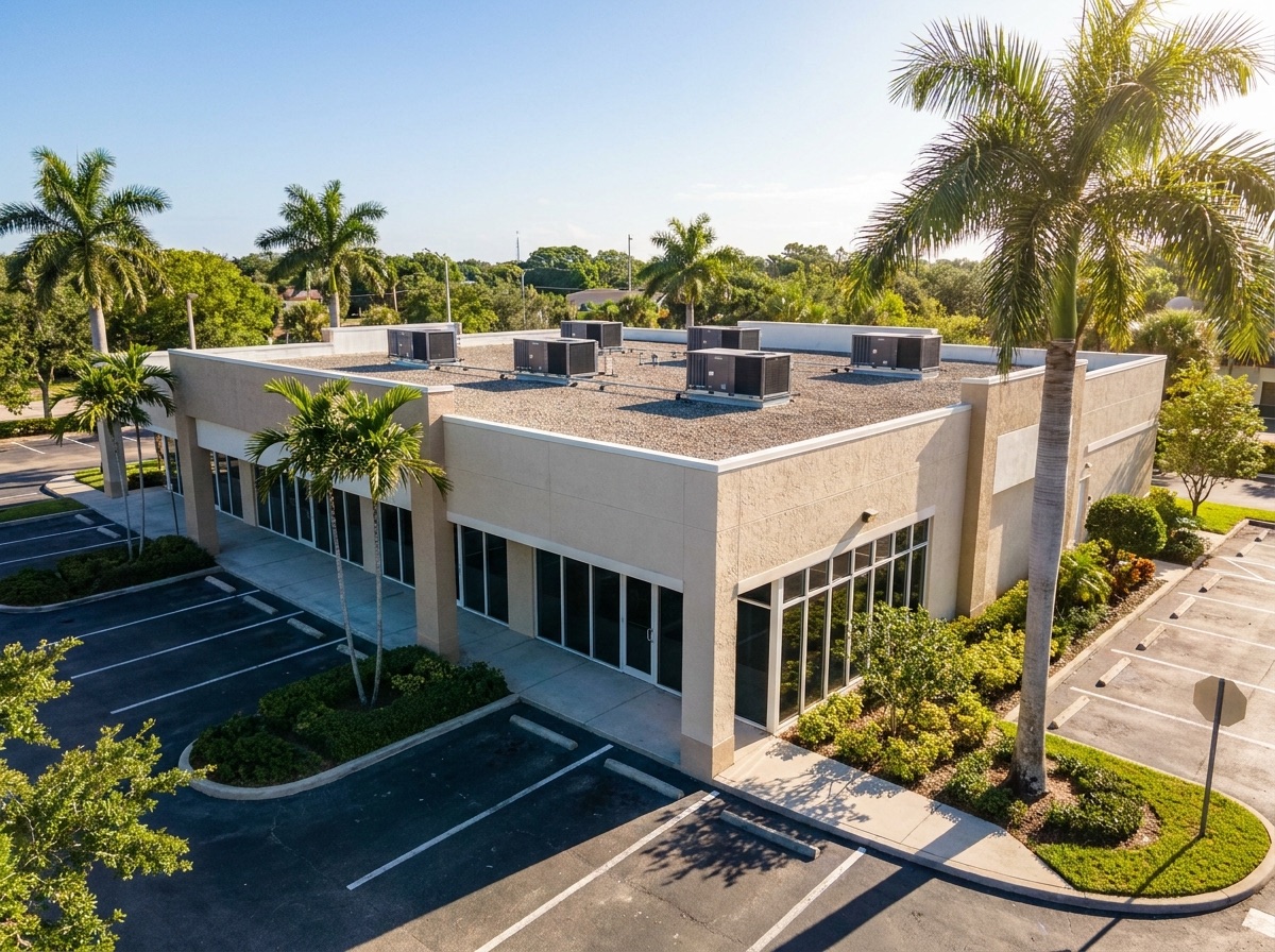 Commercial office and retail building with rooftop air conditioning units