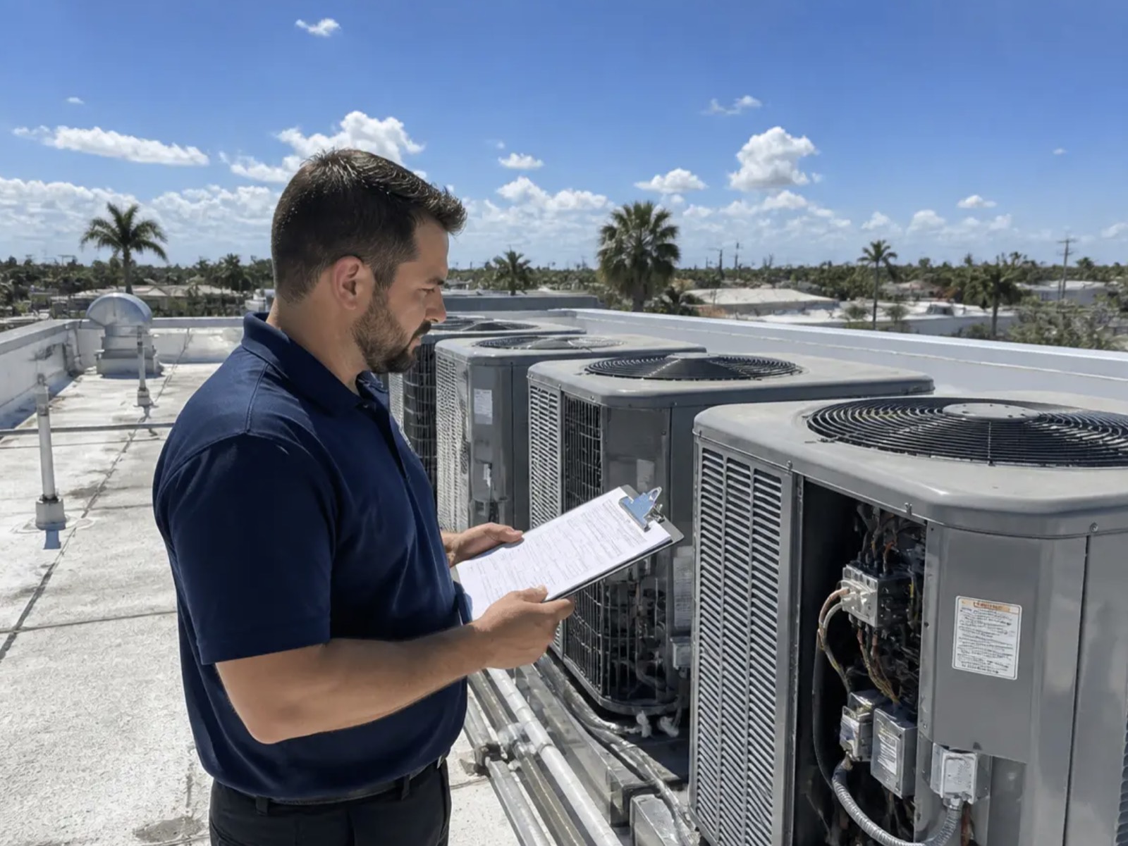 Technician inspecting rooftop commercial AC units