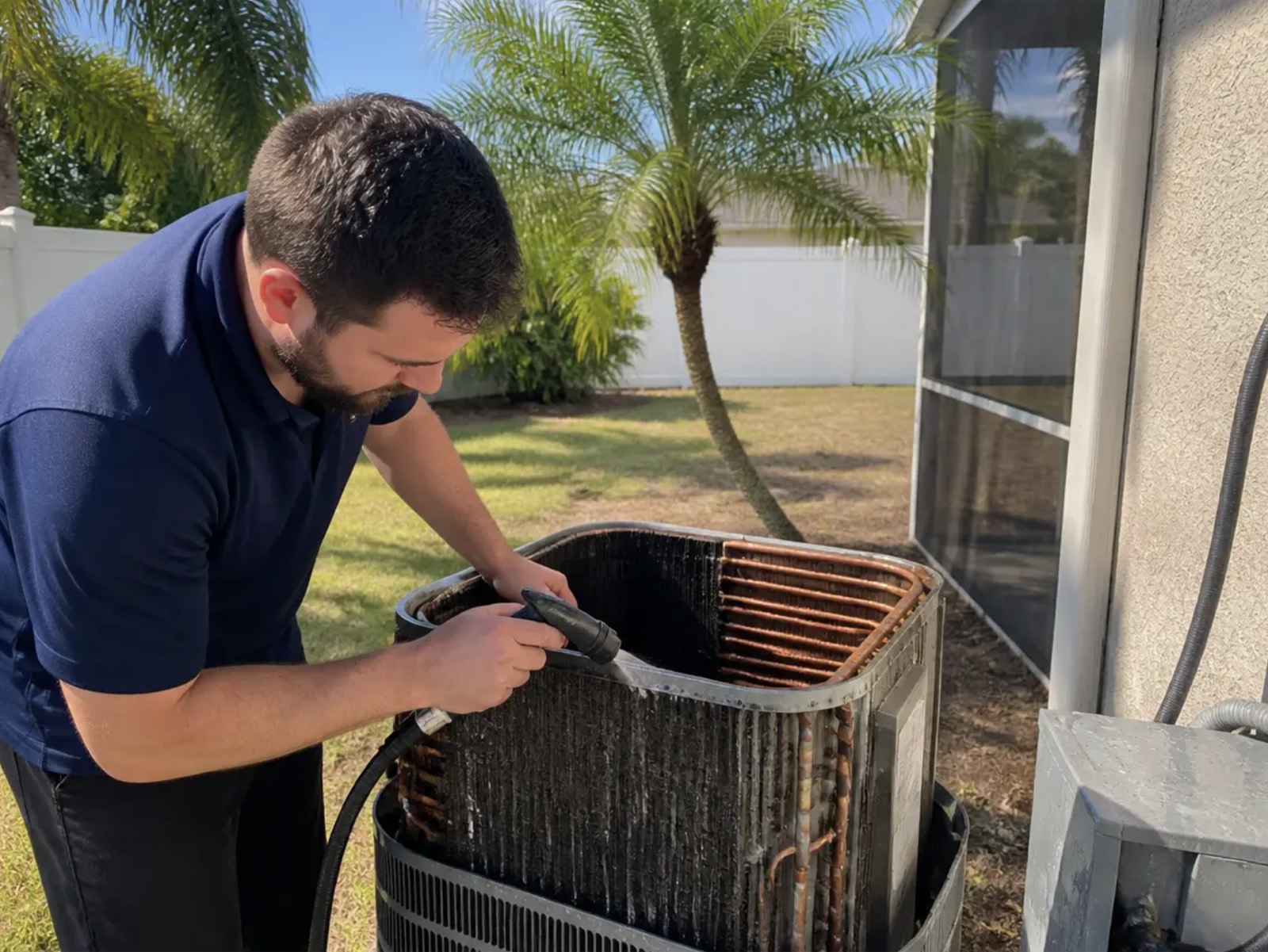 Technician servicing the AC system where humidity and mold collect