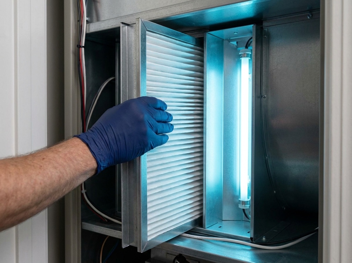 Frostline technician installing indoor air quality equipment at an air handler